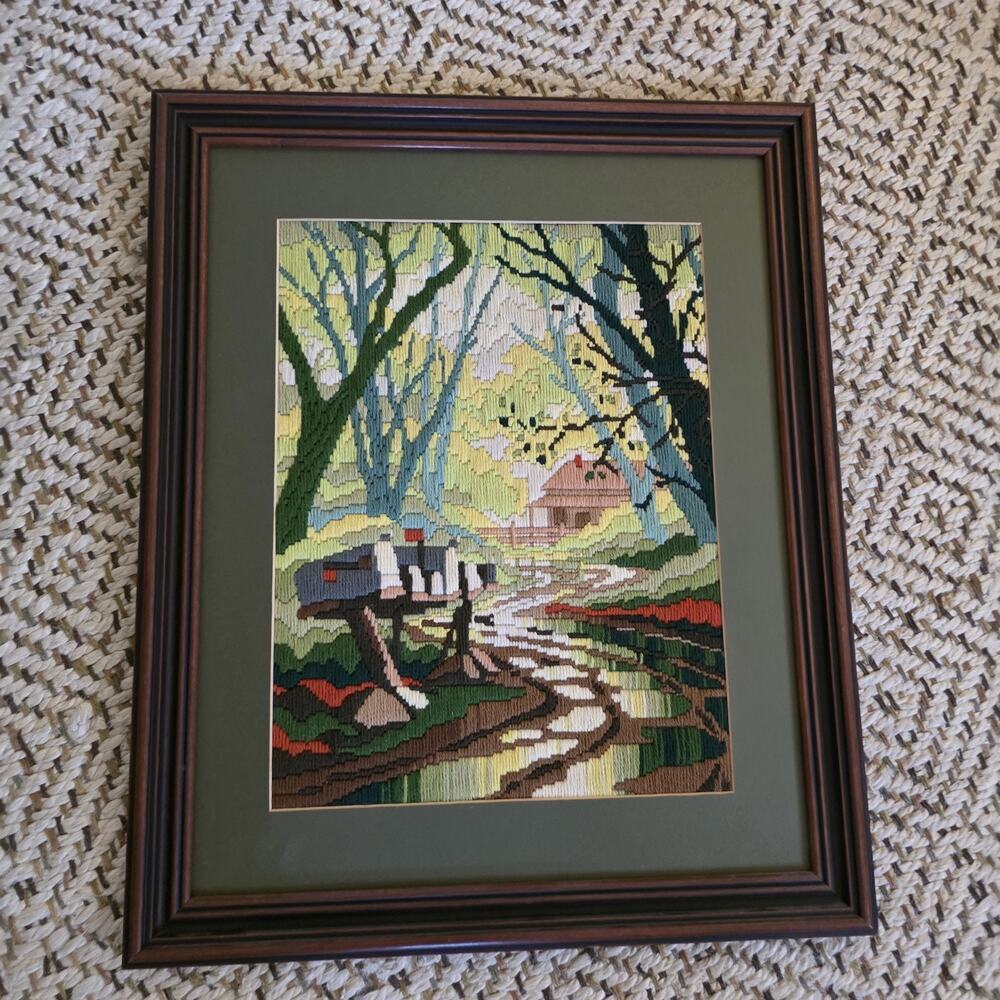 Finished Framed Long Stitch Needlepoint‎ Picture Wood Matte Green Forest - Picture 2 of 16